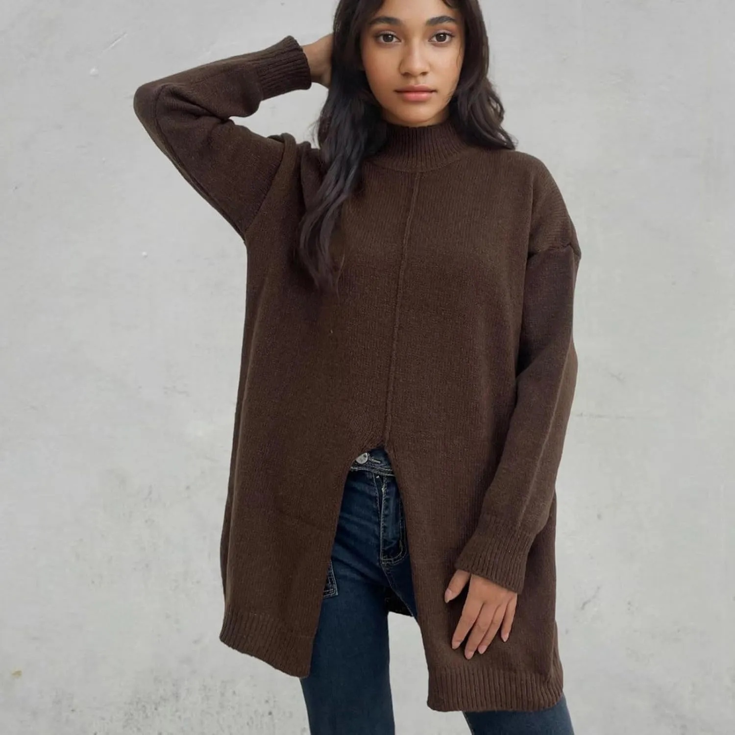 Women's 2024 Turtleneck Long Sleeve Loose Oversized Chunky Knitted Pullover Sweater Jumper Tops Fall Sweater