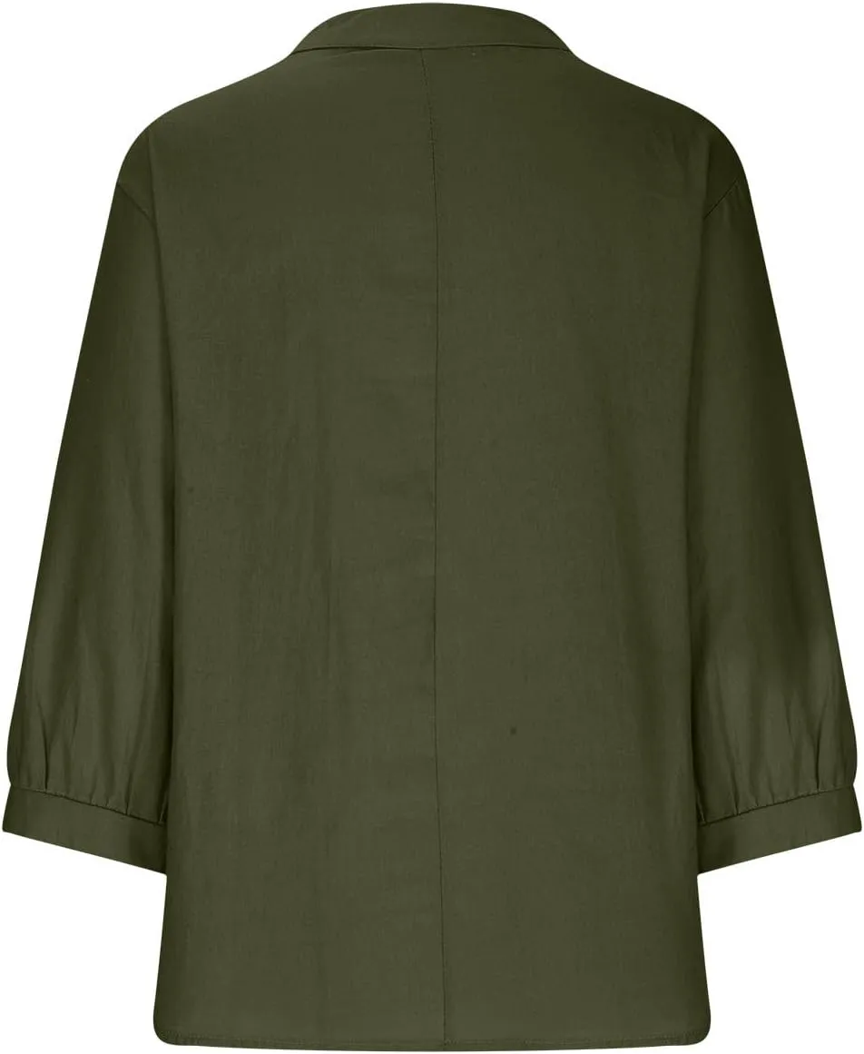 Womens 3/4 Length Sleeve Cotton Linen Tops 2024 Summer V Neck Button Up T Shirts Casual Basic Flowy Comfy Tunics