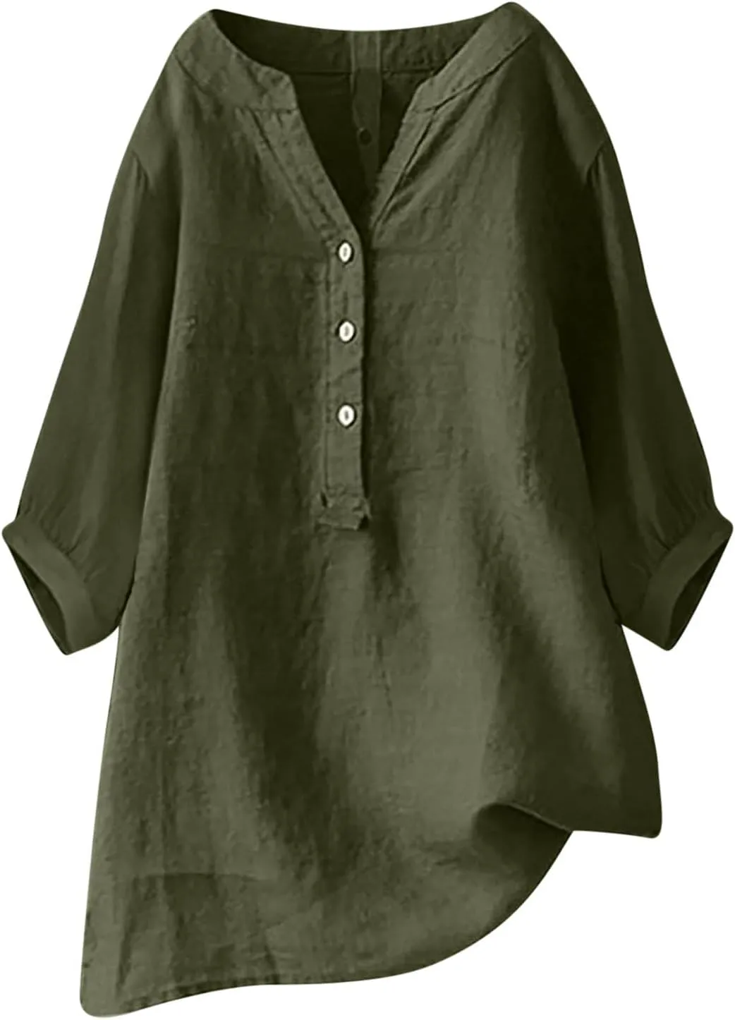 Womens 3/4 Length Sleeve Cotton Linen Tops 2024 Summer V Neck Button Up T Shirts Casual Basic Flowy Comfy Tunics