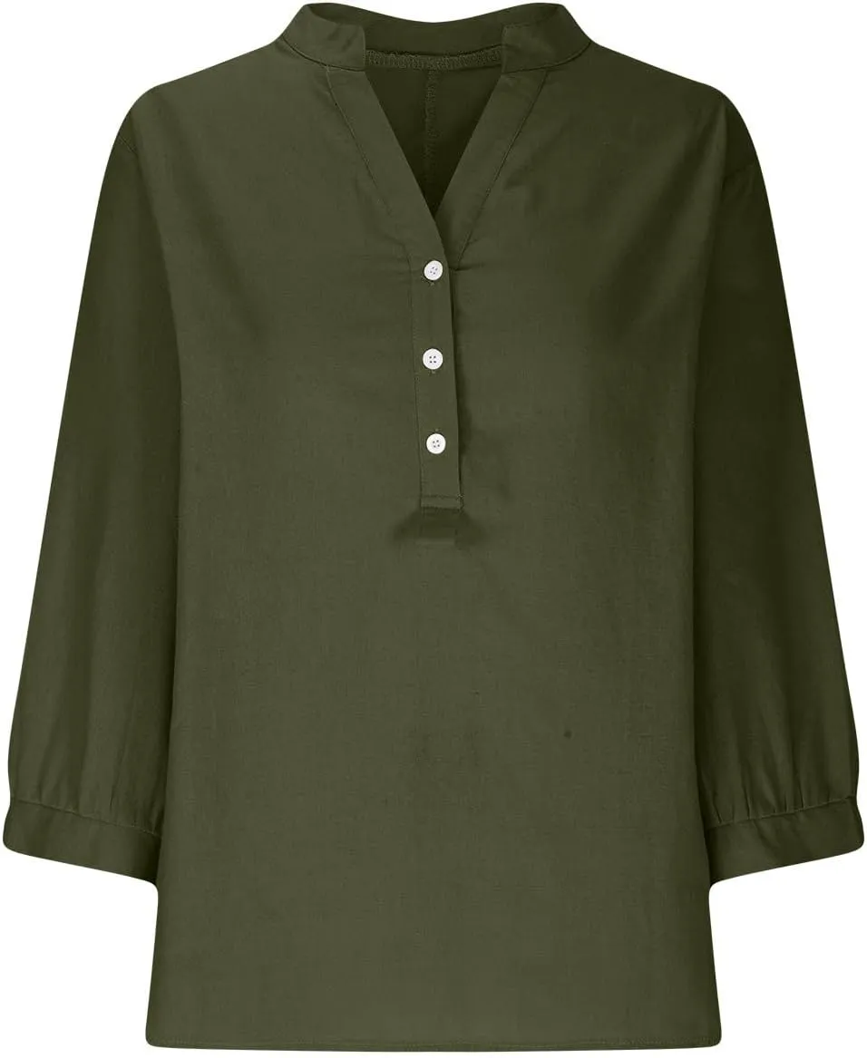 Womens 3/4 Length Sleeve Cotton Linen Tops 2024 Summer V Neck Button Up T Shirts Casual Basic Flowy Comfy Tunics