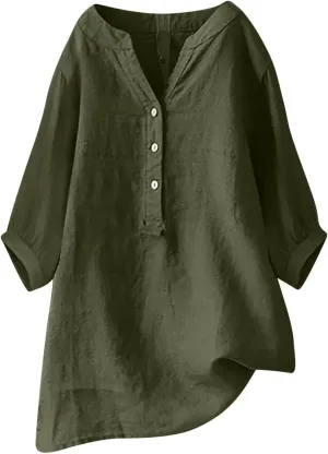Womens 3/4 Length Sleeve Cotton Linen Tops 2024 Summer V Neck Button Up T Shirts Casual Basic Flowy Comfy Tunics