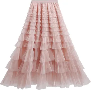 Women's A Line Tulle Midi Skirt Tutu Tiered Petticoat Skirts Tea-Length Elastic Waist Tutu Skirts