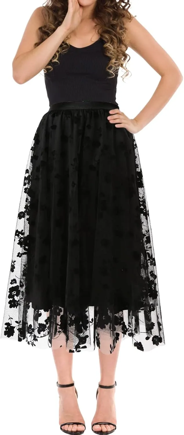 Women's A Line Tulle Midi Skirt Tutu Tiered Petticoat Skirts Tea-Length Elastic Waist Tutu Skirts