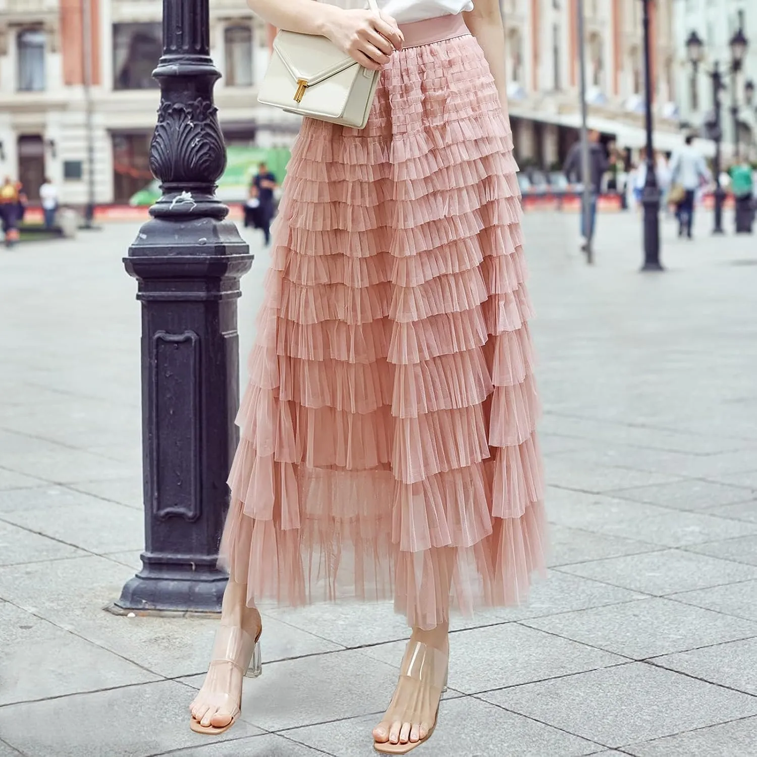 Women's A Line Tulle Midi Skirt Tutu Tiered Petticoat Skirts Tea-Length Elastic Waist Tutu Skirts