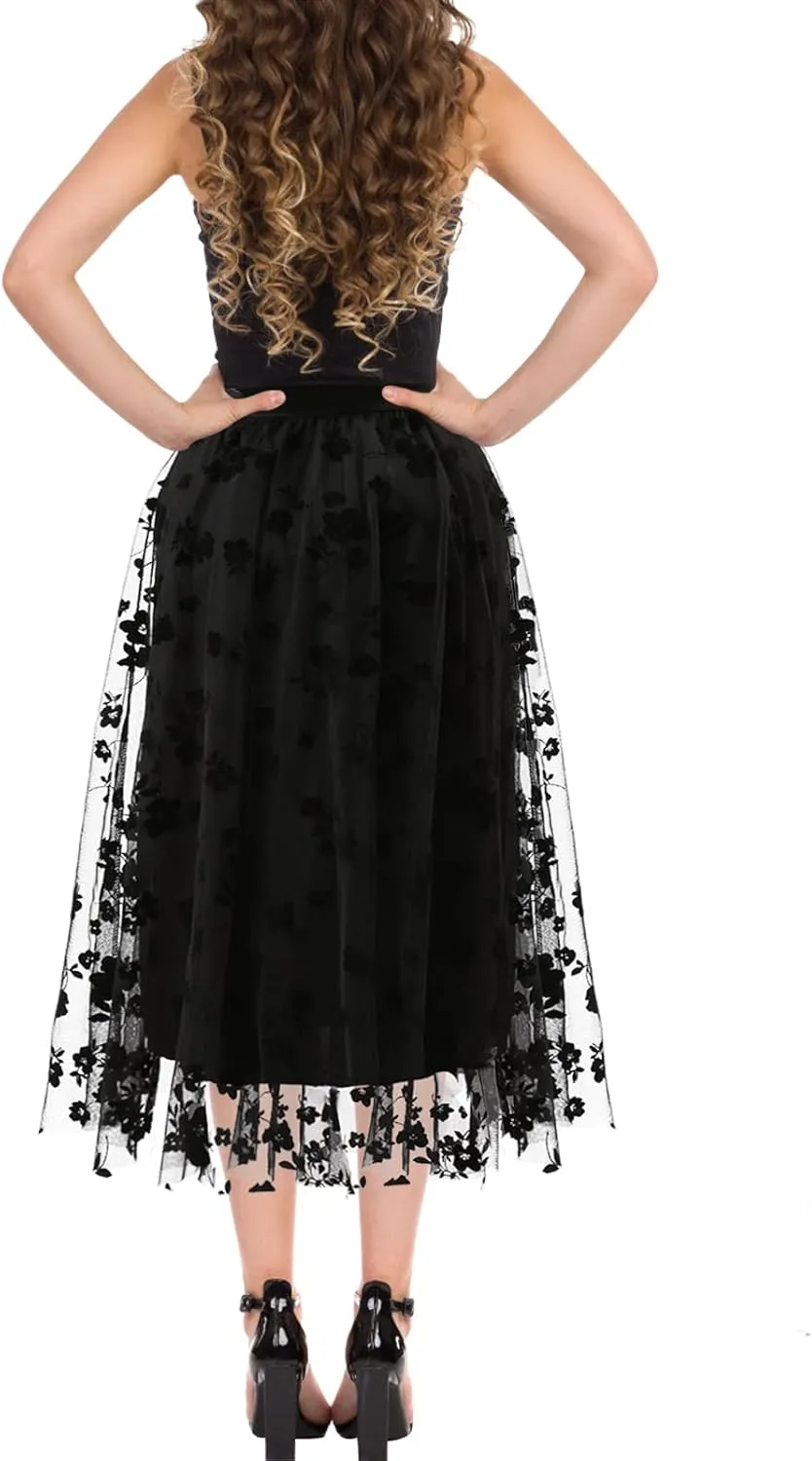 Women's A Line Tulle Midi Skirt Tutu Tiered Petticoat Skirts Tea-Length Elastic Waist Tutu Skirts