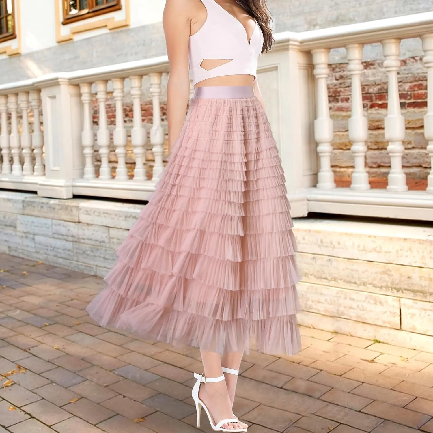 Women's A Line Tulle Midi Skirt Tutu Tiered Petticoat Skirts Tea-Length Elastic Waist Tutu Skirts