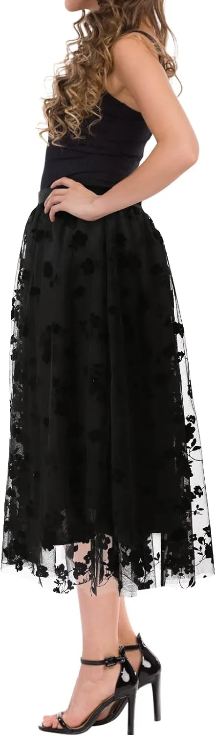 Women's A Line Tulle Midi Skirt Tutu Tiered Petticoat Skirts Tea-Length Elastic Waist Tutu Skirts