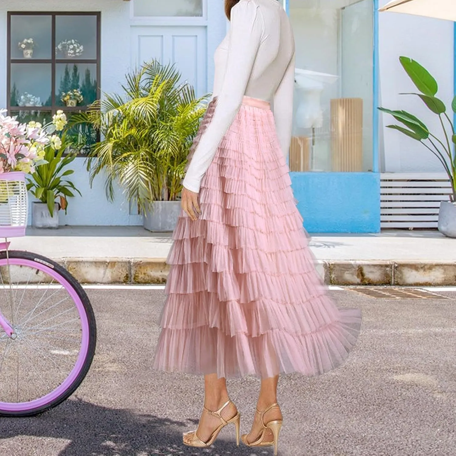 Women's A Line Tulle Midi Skirt Tutu Tiered Petticoat Skirts Tea-Length Elastic Waist Tutu Skirts