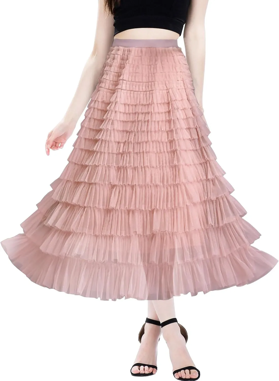 Women's A Line Tulle Midi Skirt Tutu Tiered Petticoat Skirts Tea-Length Elastic Waist Tutu Skirts