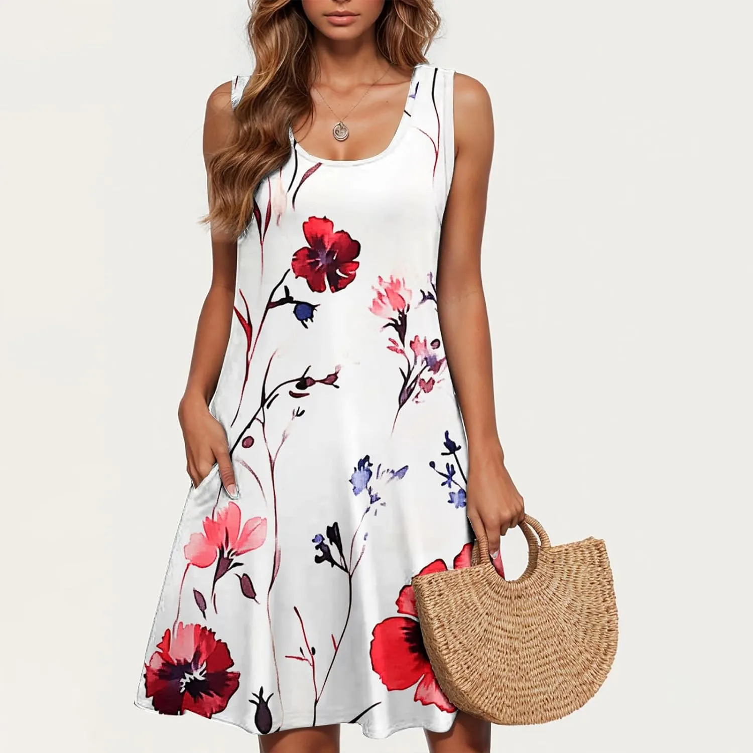 Womens Beach Dresses Trendy Swimsuit Cover Ups Sleeveless Vacation Dresses Floral Swing Mini Dress Flowy Dresses