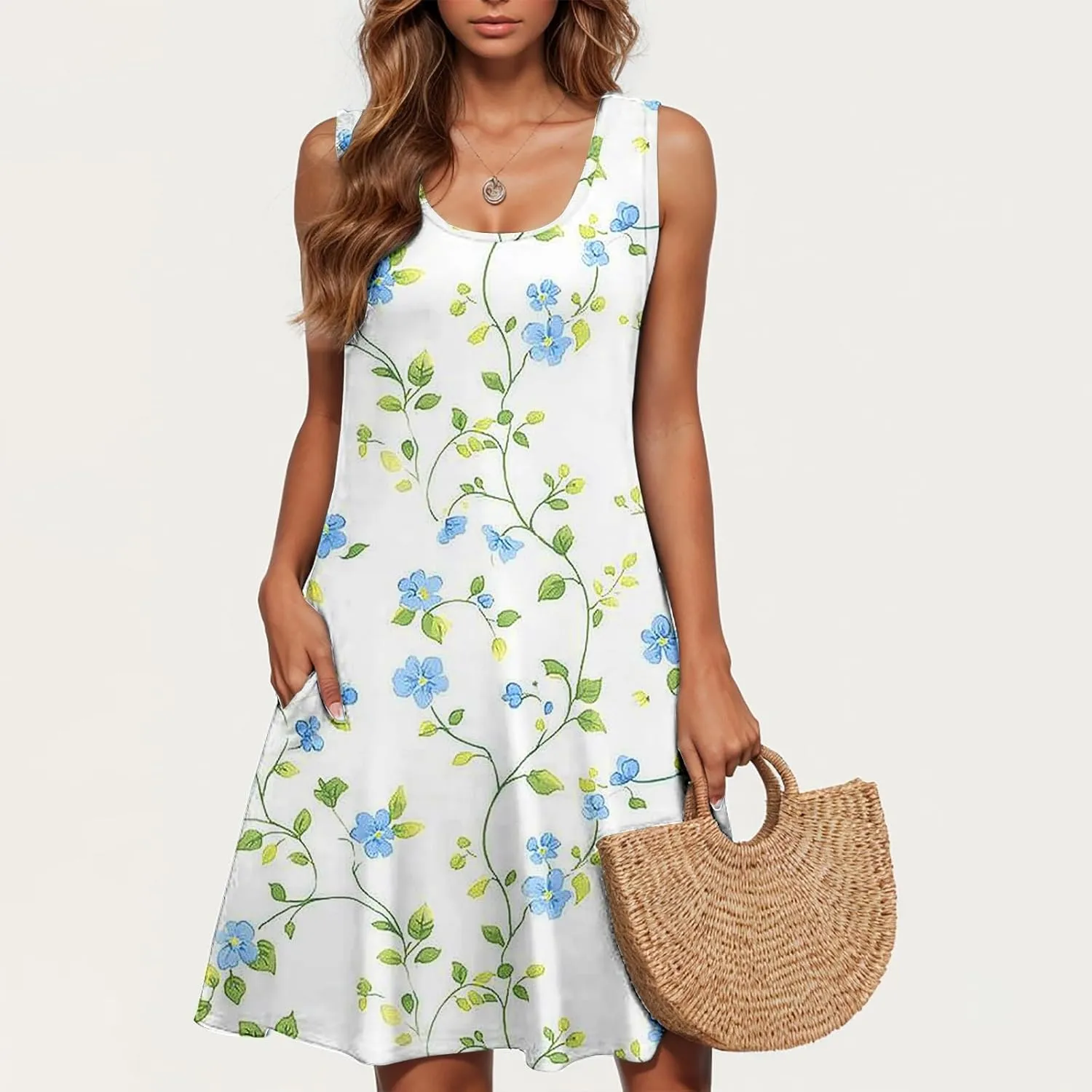 Women's Beach Dresses Trendy Swimsuit Cover Ups Sleeveless Vacation Dresses Floral Swing Mini Dress Flowy Dresses