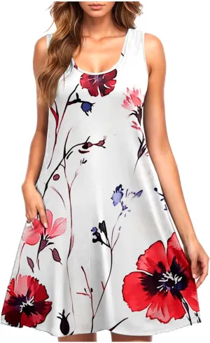 Womens Beach Dresses Trendy Swimsuit Cover Ups Sleeveless Vacation Dresses Floral Swing Mini Dress Flowy Dresses