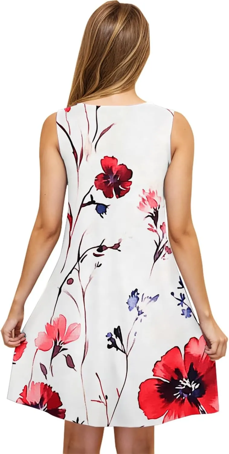 Womens Beach Dresses Trendy Swimsuit Cover Ups Sleeveless Vacation Dresses Floral Swing Mini Dress Flowy Dresses
