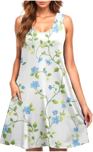 Women's Beach Dresses Trendy Swimsuit Cover Ups Sleeveless Vacation Dresses Floral Swing Mini Dress Flowy Dresses