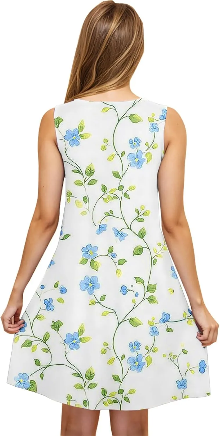 Women's Beach Dresses Trendy Swimsuit Cover Ups Sleeveless Vacation Dresses Floral Swing Mini Dress Flowy Dresses