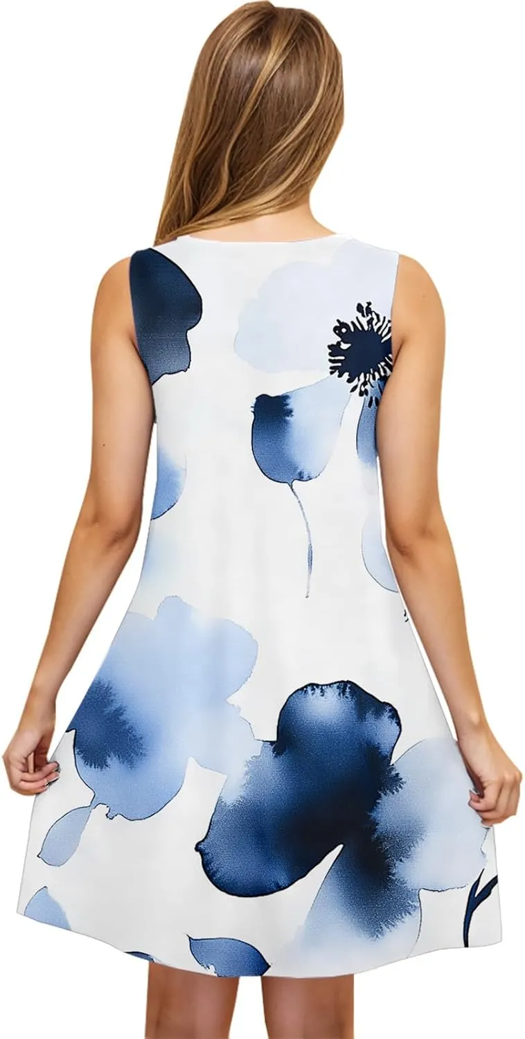 Womens Beach Dresses Trendy Swimsuit Cover Ups Sleeveless Vacation Dresses Floral Swing Mini Dress Flowy Dresses