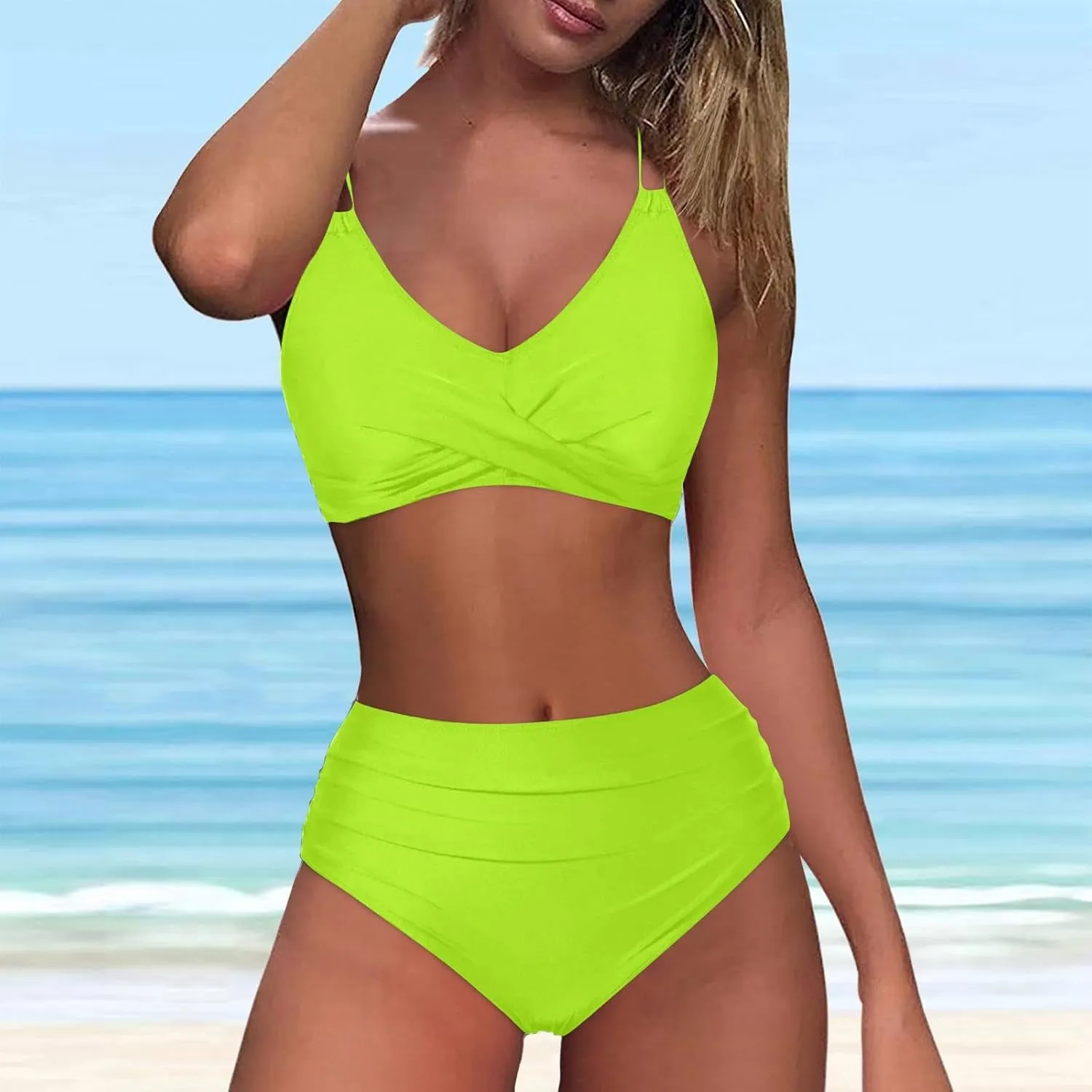 Womens Bikini Swimsuits Two Piece High Waist Bathing Suits Double Shoulder Straps Front Cross Sexy Swimwear