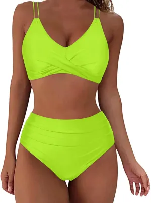 Womens Bikini Swimsuits Two Piece High Waist Bathing Suits Double Shoulder Straps Front Cross Sexy Swimwear