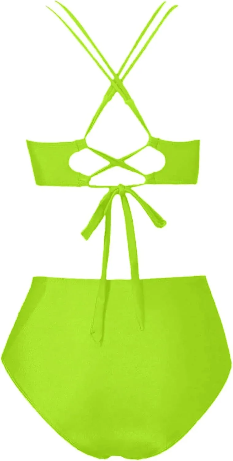 Womens Bikini Swimsuits Two Piece High Waist Bathing Suits Double Shoulder Straps Front Cross Sexy Swimwear