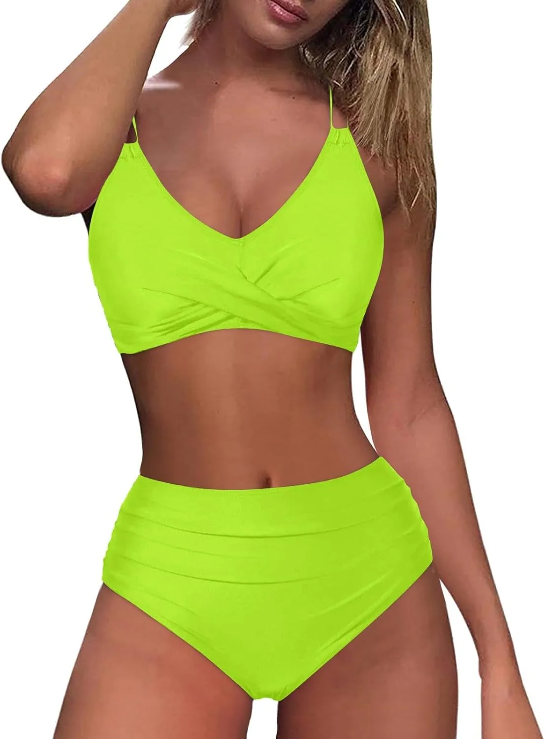 Womens Bikini Swimsuits Two Piece High Waist Bathing Suits Double Shoulder Straps Front Cross Sexy Swimwear