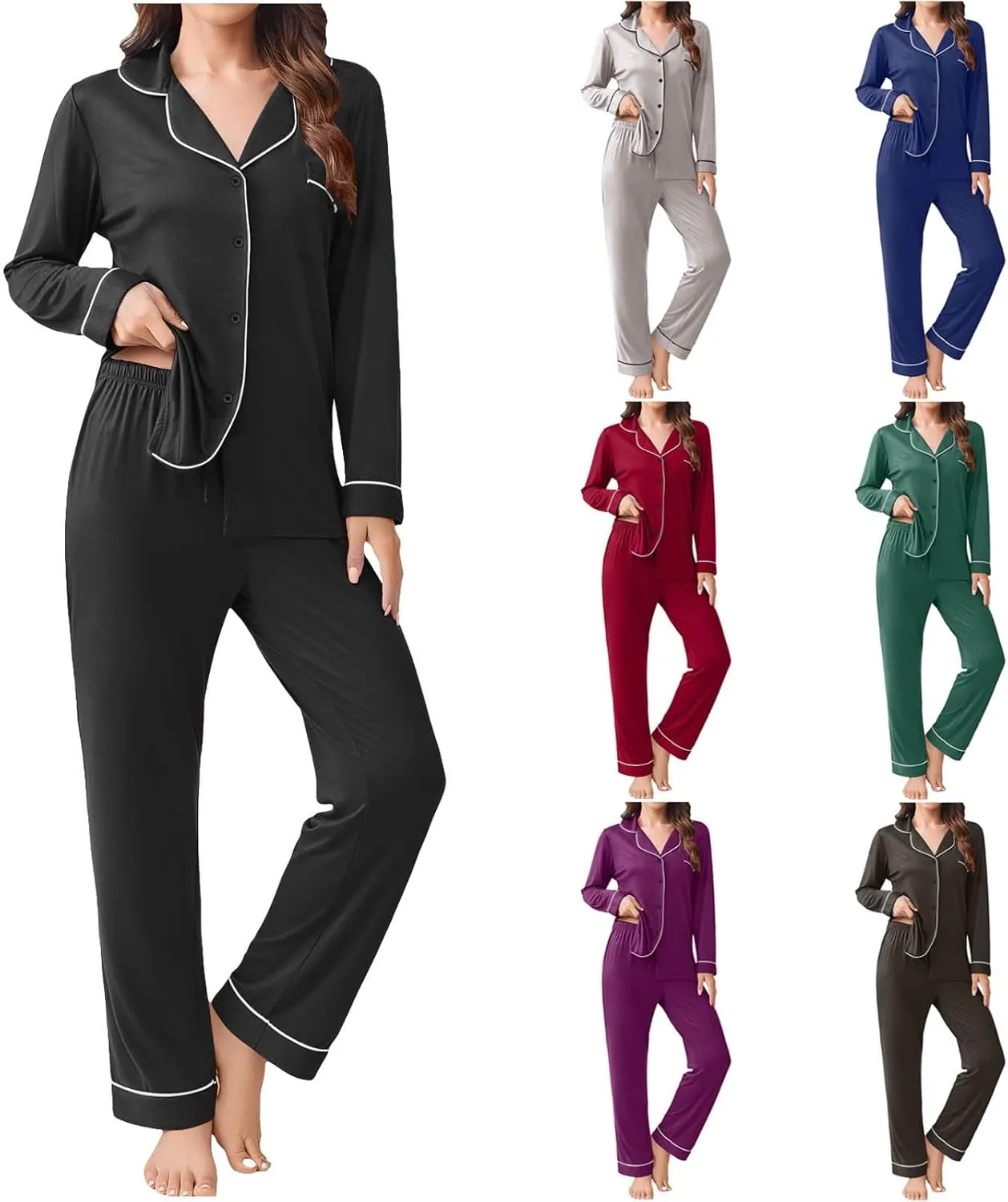 Womens Button Down Pajama Sets Long Sleeve Pj Set Loungewear Soft Lounge Set Outfits Sleepwear
