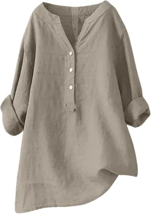 Women's Button Down Shirts Plain Long Sleeve Linen Summer Casual Oversized Blouse Tops Loose Fit Tee Tops