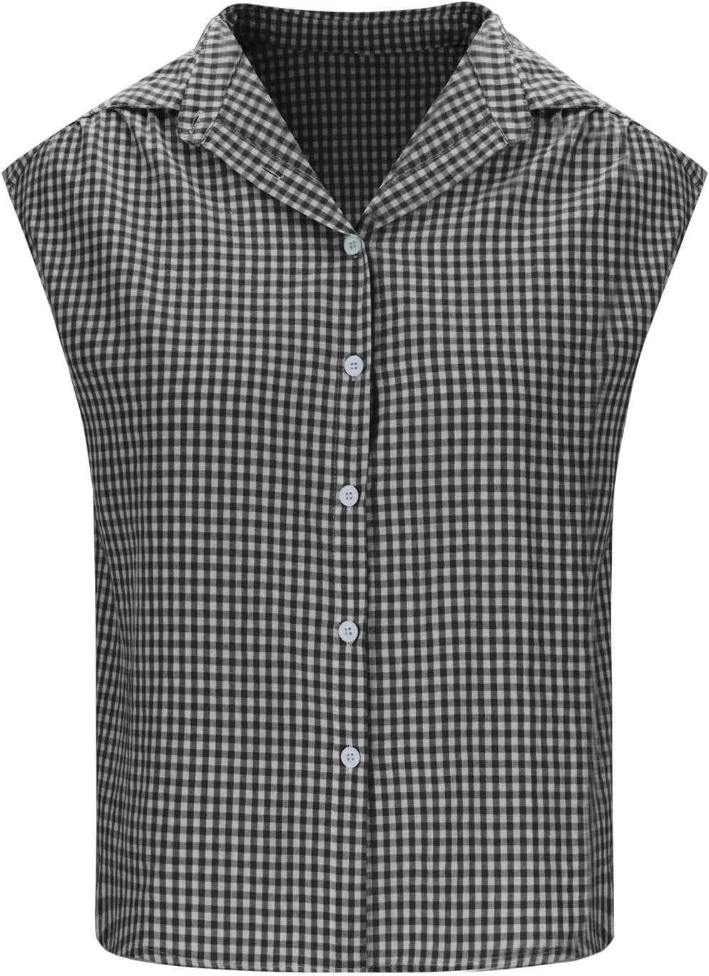 Women's Cap Sleeve Button Down Shirts Vintage Plaid Print Collared Blouse Dressy Casual Summer Tops
