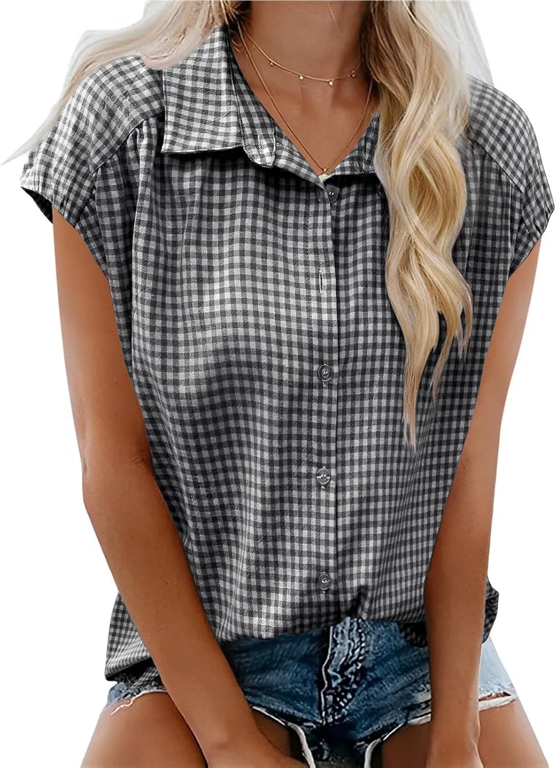 Women's Cap Sleeve Button Down Shirts Vintage Plaid Print Collared Blouse Dressy Casual Summer Tops