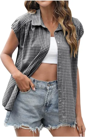 Women's Cap Sleeve Button Down Shirts Vintage Plaid Print Collared Blouse Dressy Casual Summer Tops