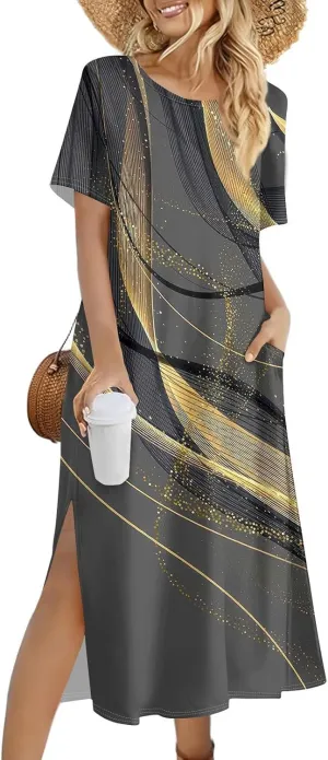 Women's Casual Loose Fit Short Sleeve Midi Dress with Side Slits Comfortable Summer Beach Wear