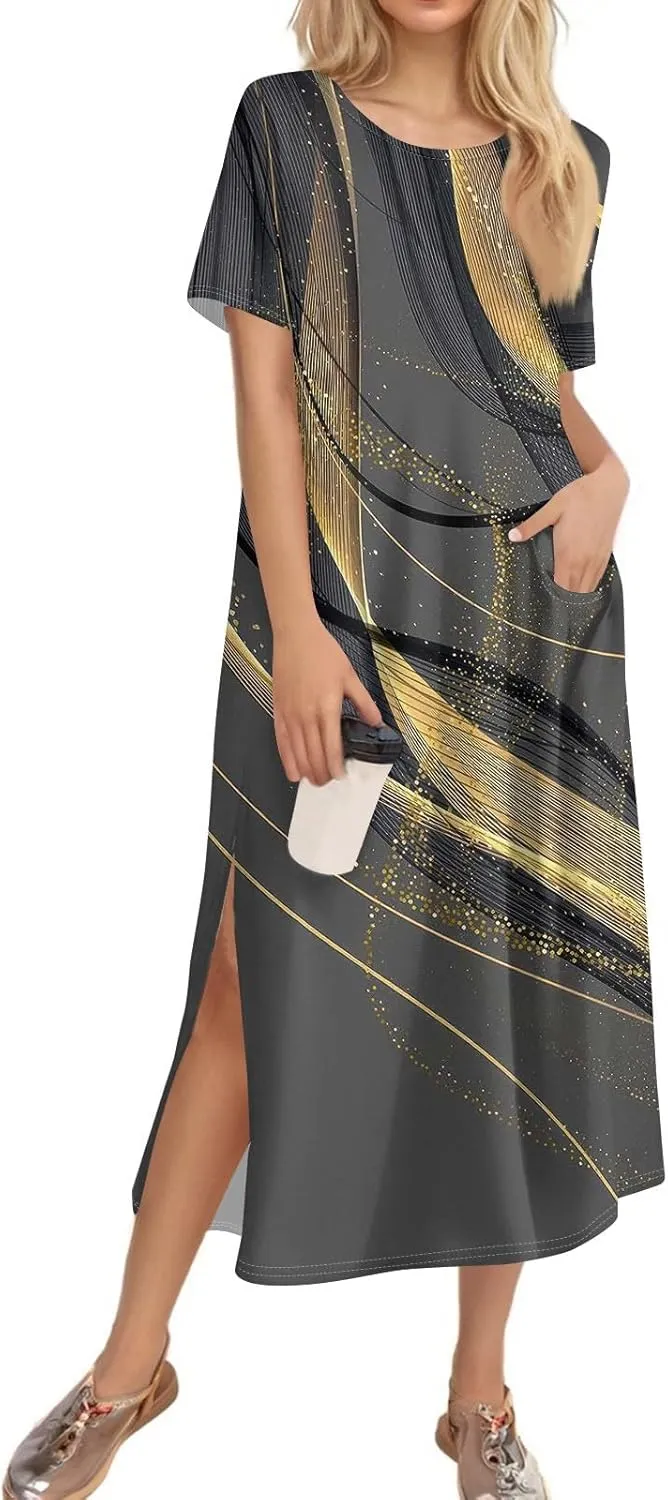 Women's Casual Loose Fit Short Sleeve Midi Dress with Side Slits Comfortable Summer Beach Wear