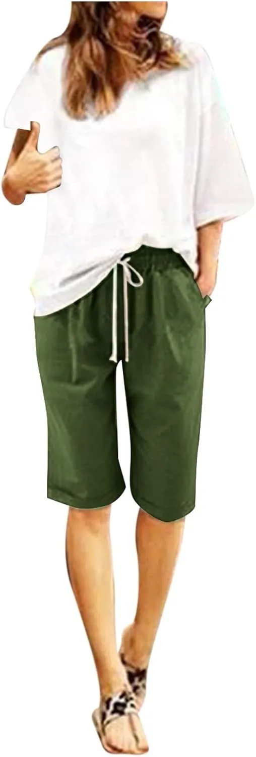 Womens Casual Shorts Summer Cotton Elastic Waist Drawstring Knee Length Bermuda Shorts Loose Fit Beach Shorts