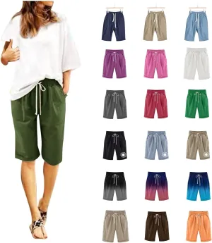 Womens Casual Shorts Summer Cotton Elastic Waist Drawstring Knee Length Bermuda Shorts Loose Fit Beach Shorts