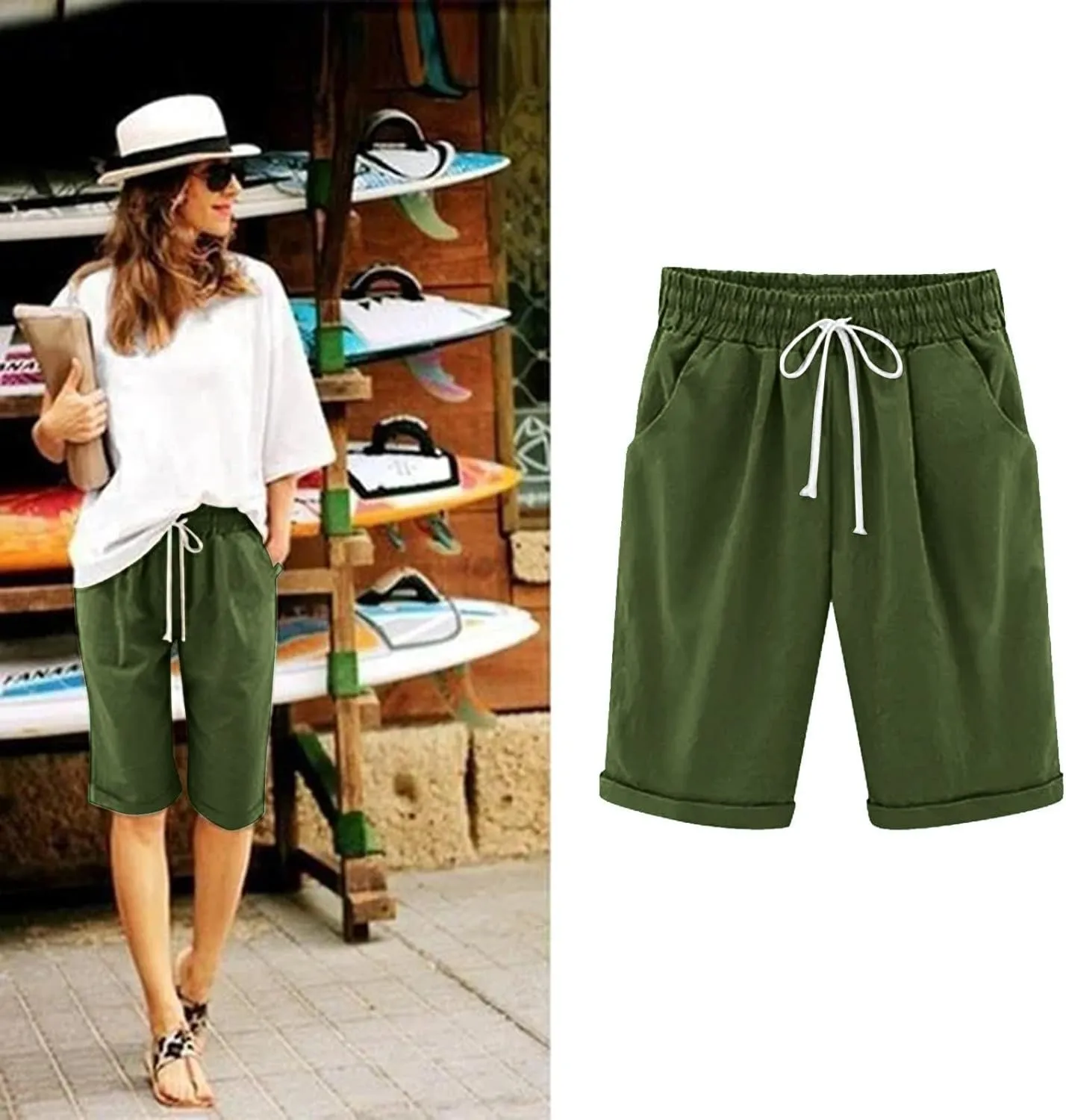 Womens Casual Shorts Summer Cotton Elastic Waist Drawstring Knee Length Bermuda Shorts Loose Fit Beach Shorts