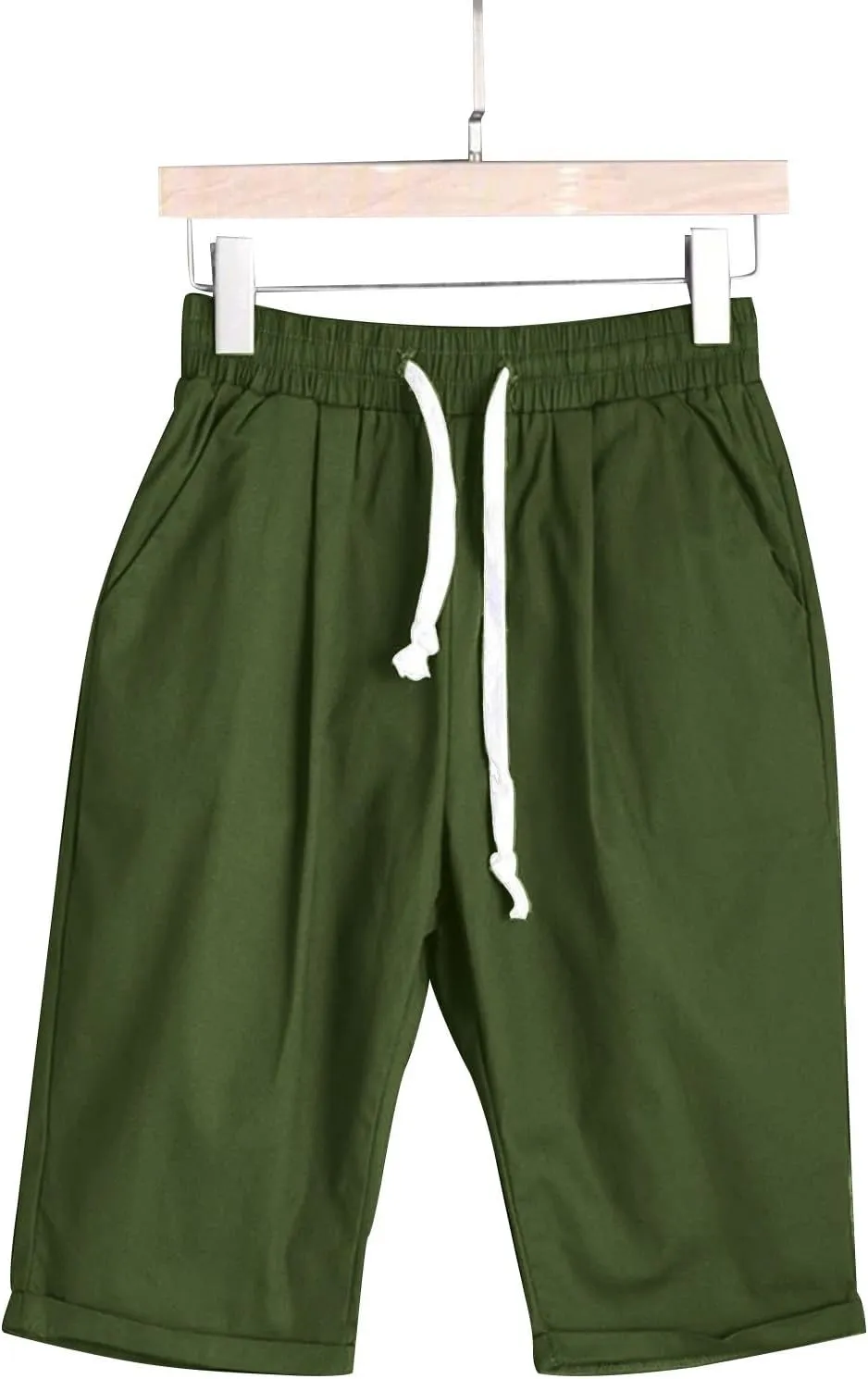 Womens Casual Shorts Summer Cotton Elastic Waist Drawstring Knee Length Bermuda Shorts Loose Fit Beach Shorts