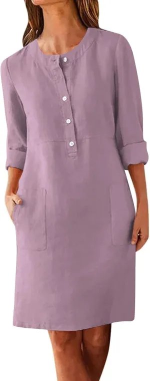 Womens Casual Summer Dresses 2025 Button Half Sleeve Dresses Casual Linen Dresses Summer Vacation Dresses Rose Gold