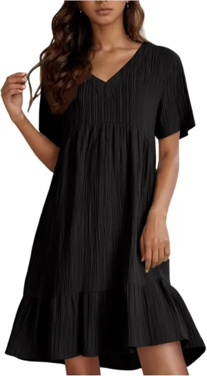 Womens Casual Summer Dresses Fashion Solid Short Sleeve Mini A Line Dress Loose Ruffle Pleated Vacation Beach Dresses