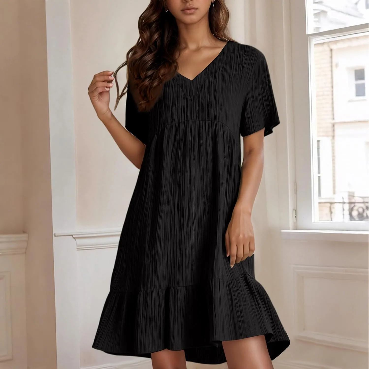 Womens Casual Summer Dresses Fashion Solid Short Sleeve Mini A Line Dress Loose Ruffle Pleated Vacation Beach Dresses