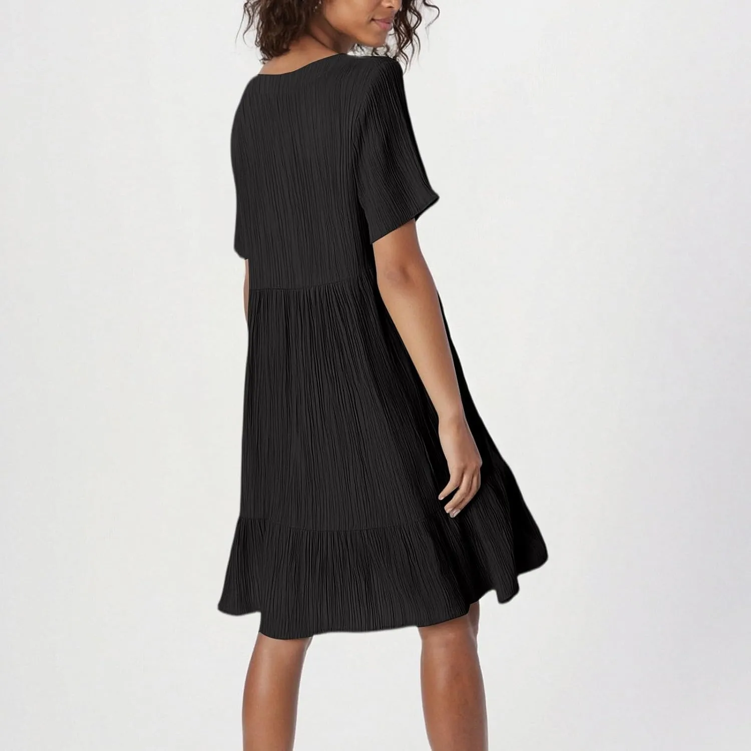 Womens Casual Summer Dresses Fashion Solid Short Sleeve Mini A Line Dress Loose Ruffle Pleated Vacation Beach Dresses