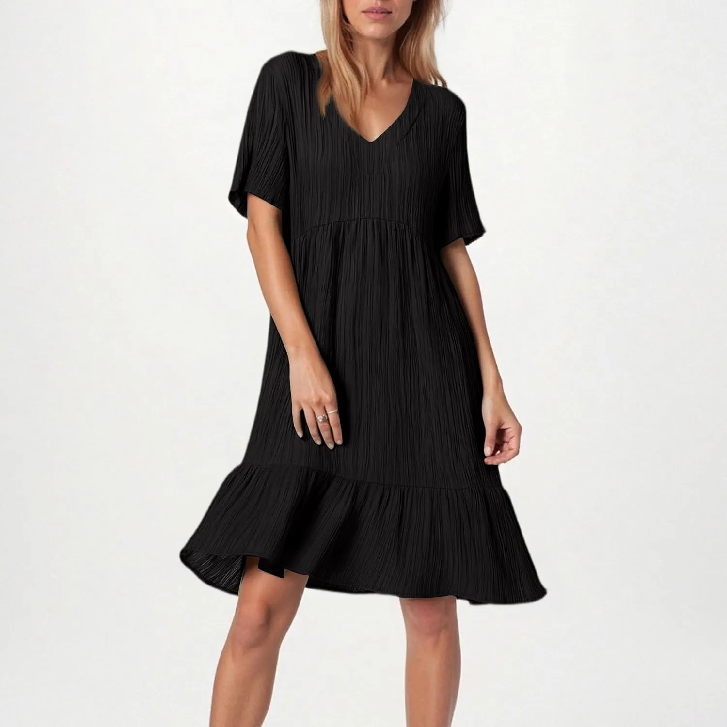 Womens Casual Summer Dresses Fashion Solid Short Sleeve Mini A Line Dress Loose Ruffle Pleated Vacation Beach Dresses