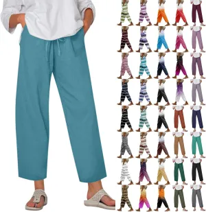 Women's Cotton Linen Pants Summer Wide Leg Casual Loose Drawstring High Waist Palazzo Pants Trousers w Pockets