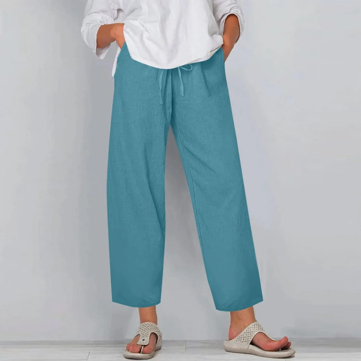 Women's Cotton Linen Pants Summer Wide Leg Casual Loose Drawstring High Waist Palazzo Pants Trousers w Pockets