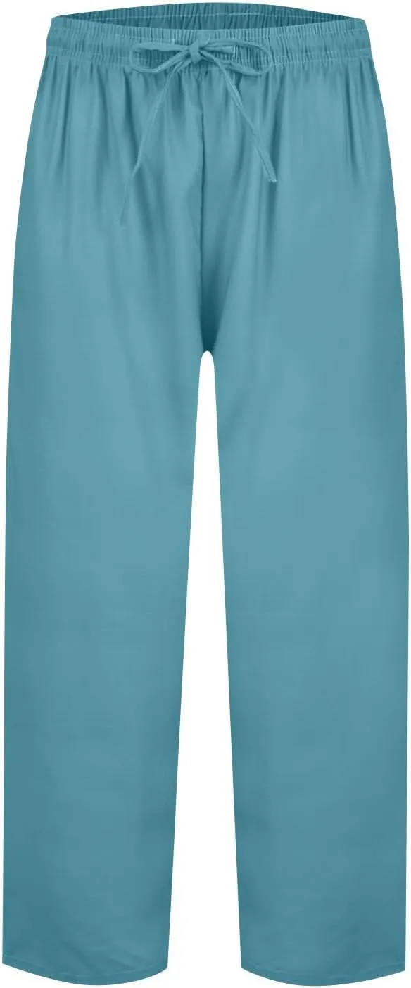 Women's Cotton Linen Pants Summer Wide Leg Casual Loose Drawstring High Waist Palazzo Pants Trousers w Pockets