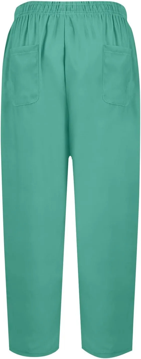 Women's Cotton Linen Pants Summer Wide Leg Casual Loose Drawstring High Waist Palazzo Pants Trousers w Pockets