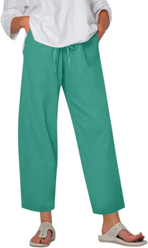 Women's Cotton Linen Pants Summer Wide Leg Casual Loose Drawstring High Waist Palazzo Pants Trousers w Pockets