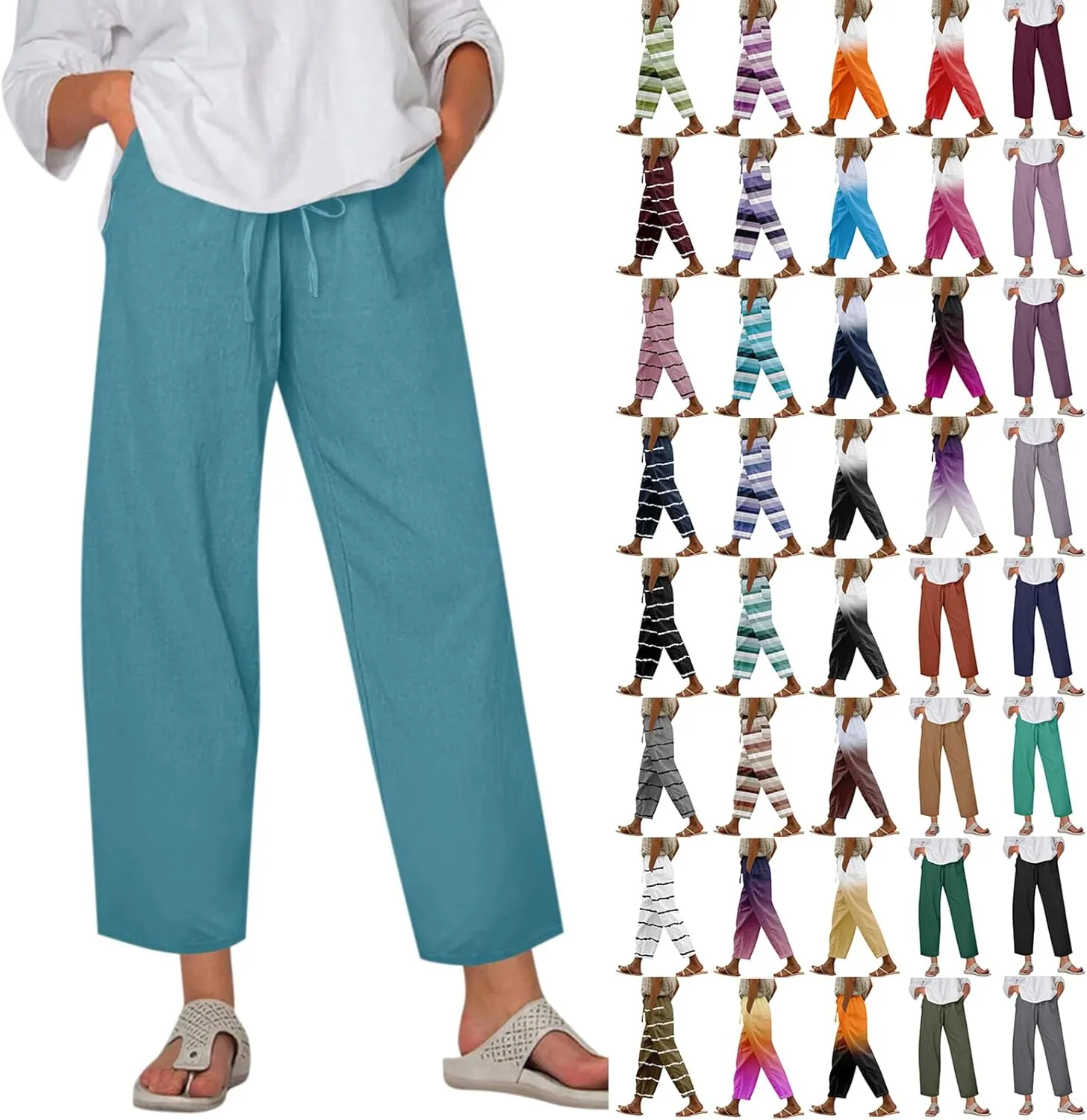 Women's Cotton Linen Pants Summer Wide Leg Casual Loose Drawstring High Waist Palazzo Pants Trousers w Pockets