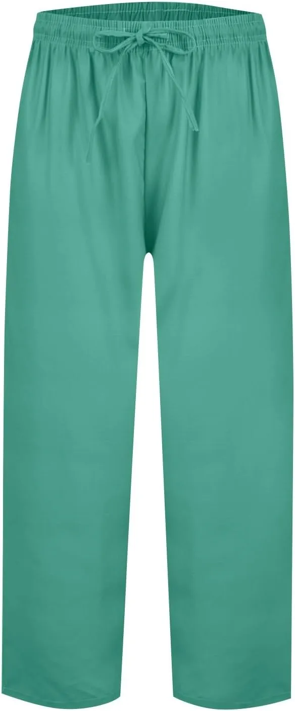 Women's Cotton Linen Pants Summer Wide Leg Casual Loose Drawstring High Waist Palazzo Pants Trousers w Pockets