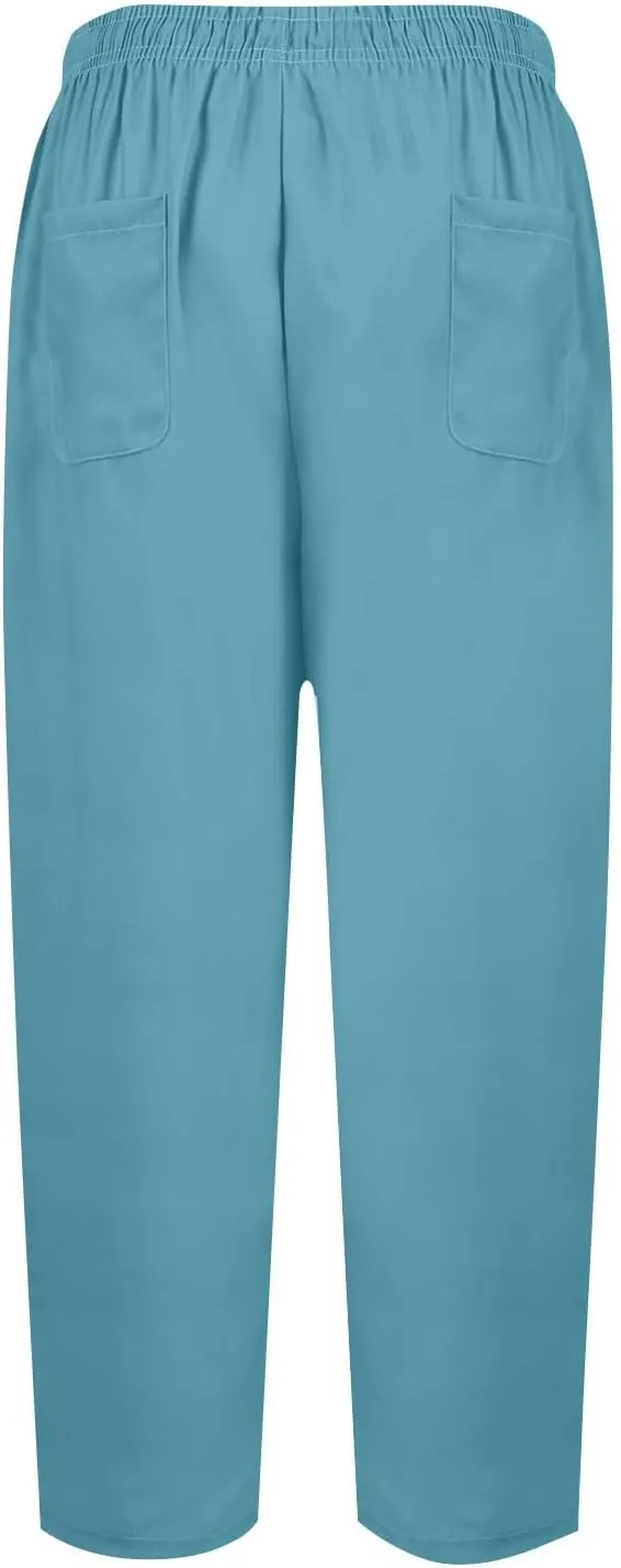 Women's Cotton Linen Pants Summer Wide Leg Casual Loose Drawstring High Waist Palazzo Pants Trousers w Pockets
