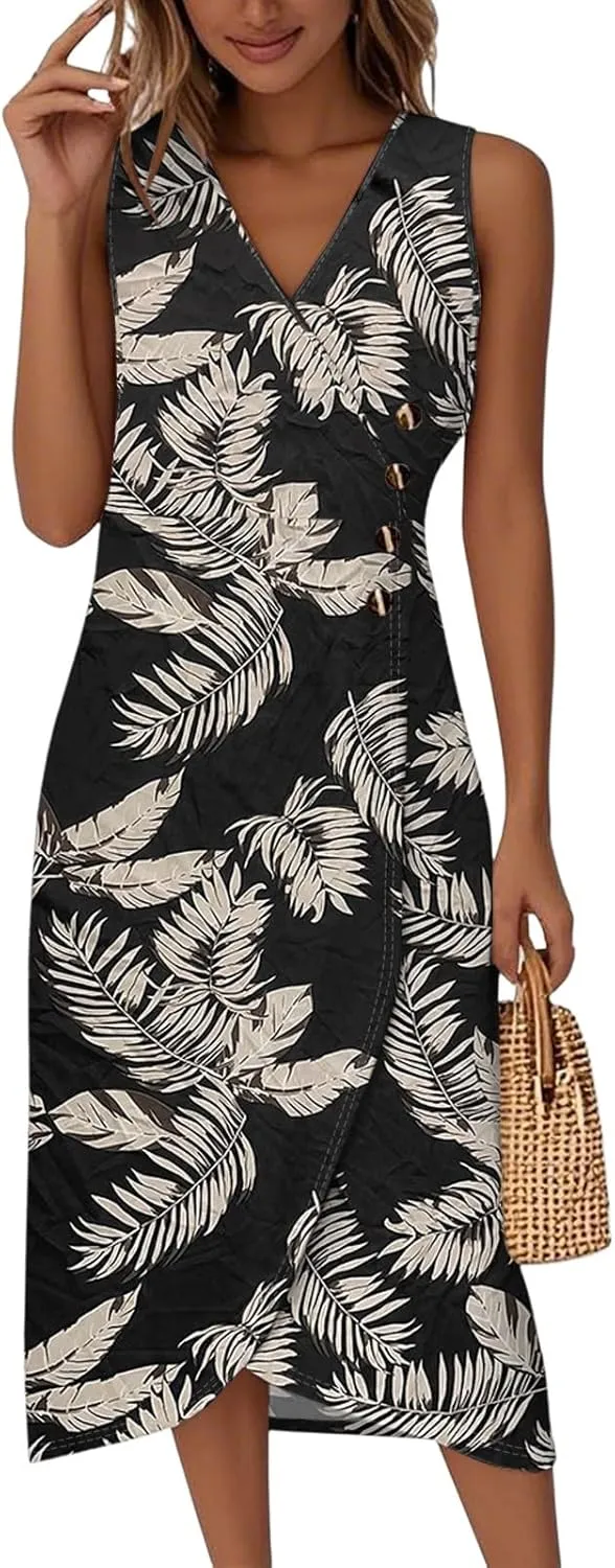 Womens Dresses Summer Wrap Midi Dresses for Women Puff Sleeve Summer Dresses Casual Loose Floor Length