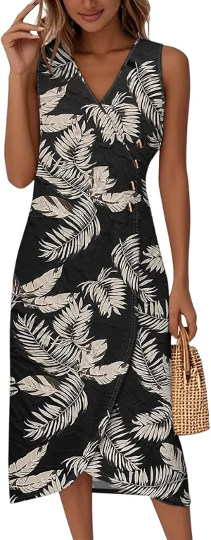 Womens Dresses Summer Wrap Midi Dresses for Women Puff Sleeve Summer Dresses Casual Loose Floor Length
